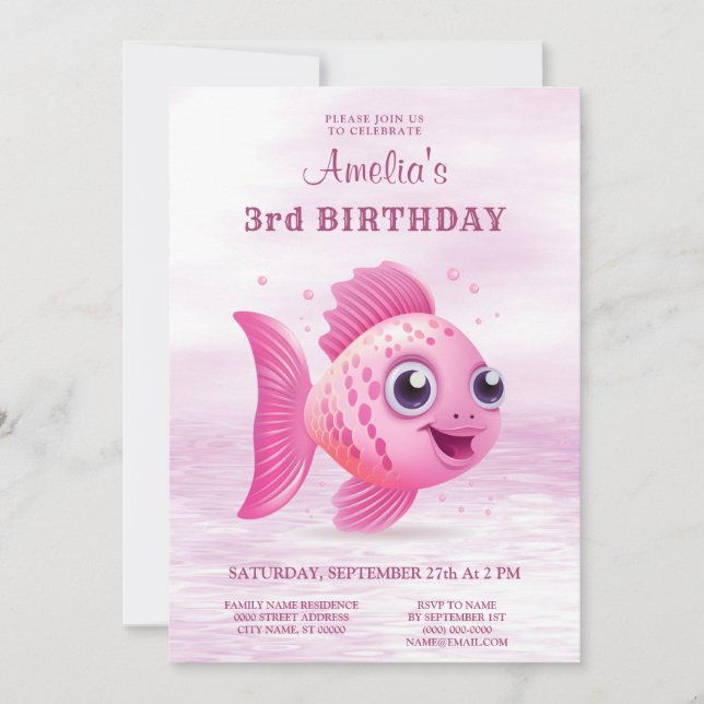 Convite de Aniversário para Peixes Rosa (Frente)