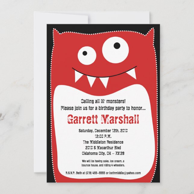 Convite de Aniversário para Pequenos Monstros 5x7 (Frente)