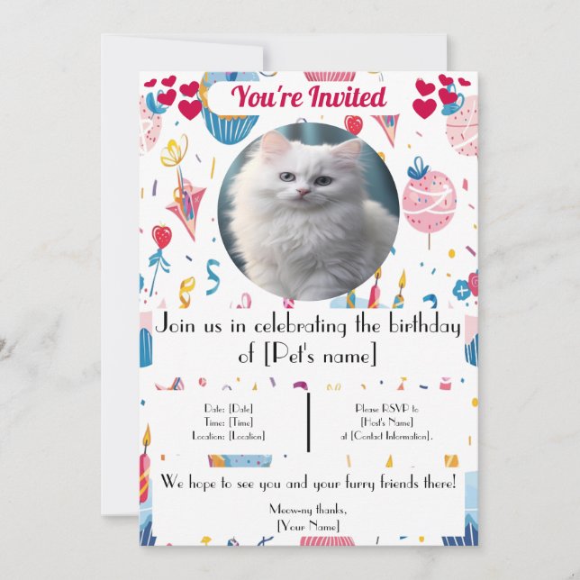 Convite de Aniversário para Pet Cat Personalizado (Frente)