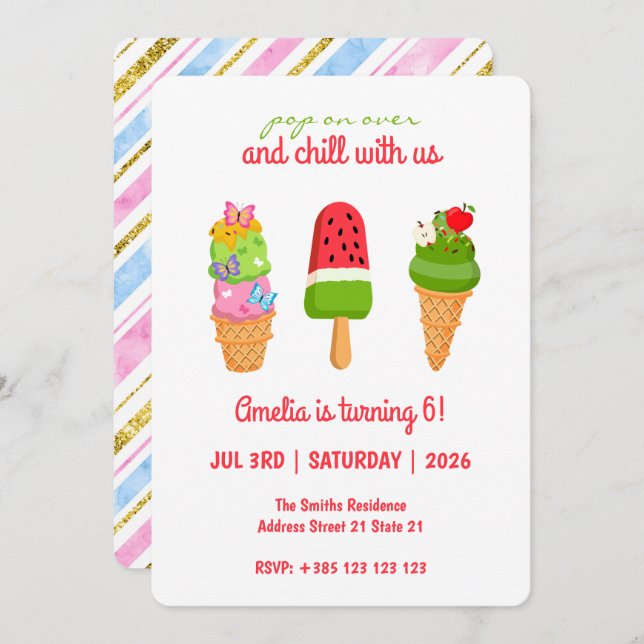 Convite de aniversário para picolé de Sorvete de V (Frente/Verso)