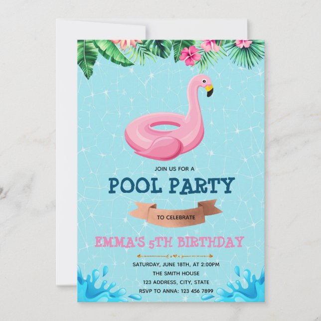 Convite de aniversário para piscina com flamingo f (Frente)