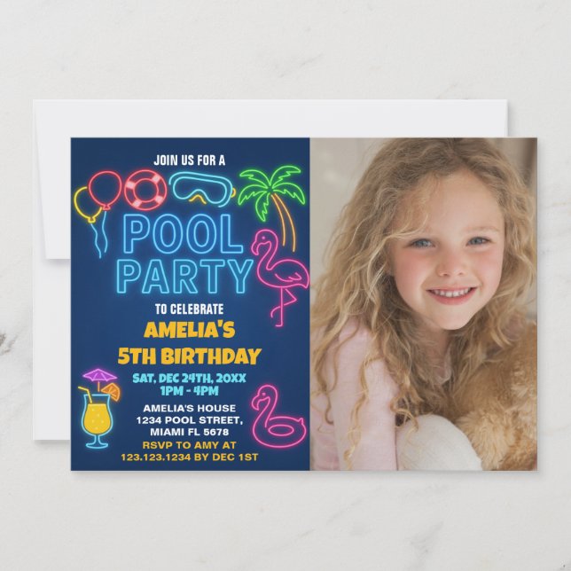 Convite de aniversário para Piscina Neon Lights co (Frente)