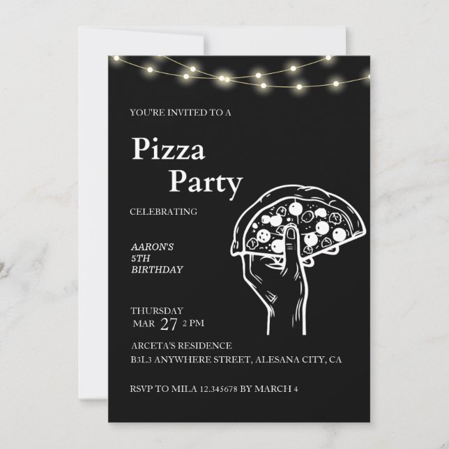 Convite de Aniversário para Pizza Minimalista Negr (Frente)