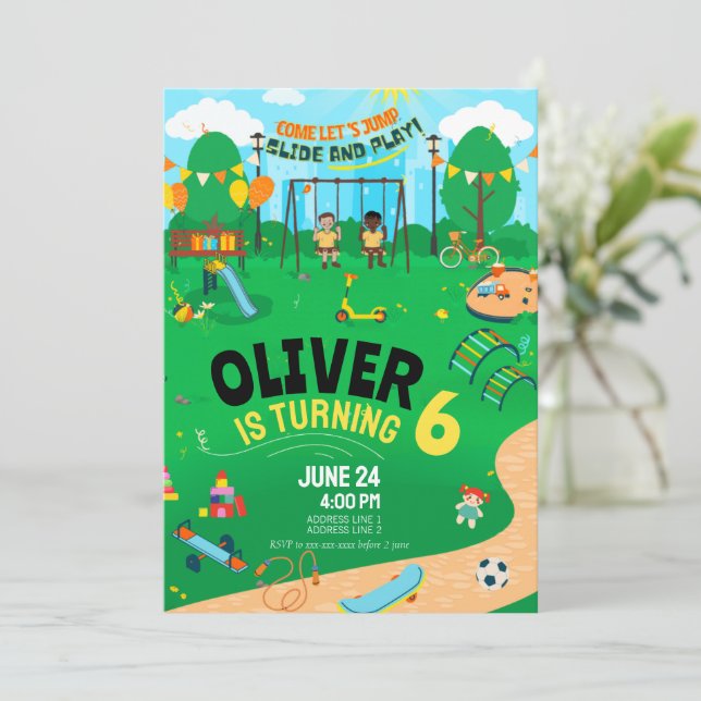 Convite de aniversário para playground coberto de  (Em pé/Frente)