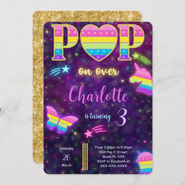 Convite de Aniversário para Pop editável (Frente/Verso)