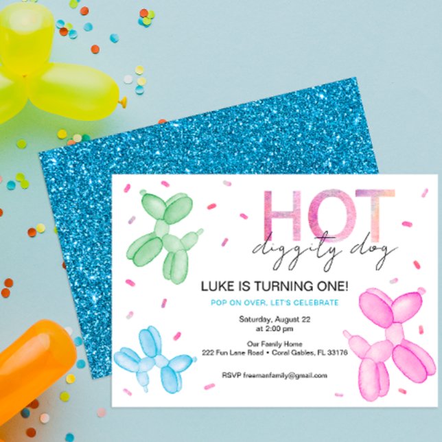Convite de aniversário para pop on over Bright Bal (hot diggity dog balloon animals birthday party invitation for kids)