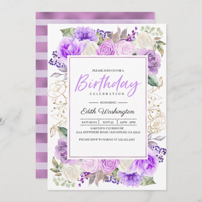 Convite de Aniversário para Primavera Floral Roxo (Frente/Verso)
