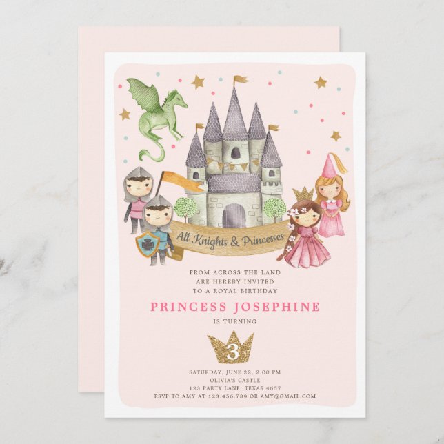 Convite de Aniversário para Princesas e Cavaleiros (Frente/Verso)
