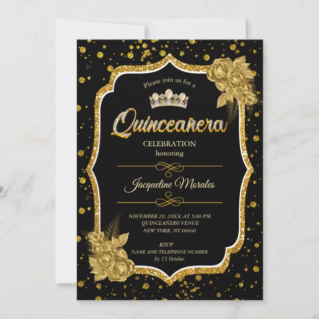 Convite de Aniversário para Quinceañera Dourada e  (Frente)