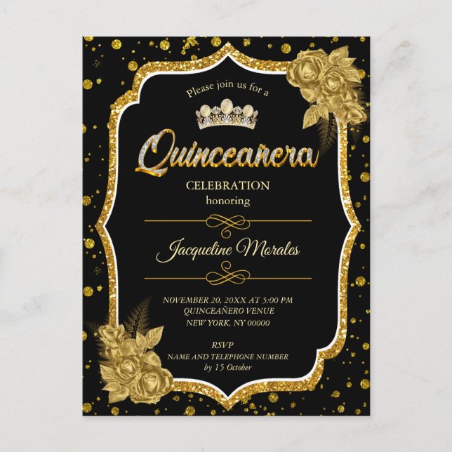Convite de Aniversário para Quinceañera Dourada e  (Frente)