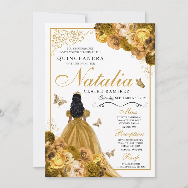 Convite de Aniversário para Quinceanera Dourada Fl (Frente)