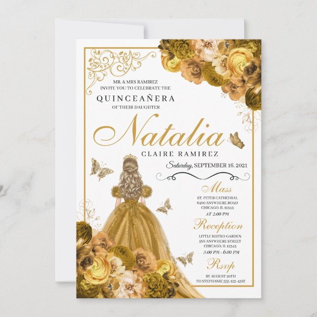 Convite de Aniversário para Quinceanera Dourada Fl (Frente)