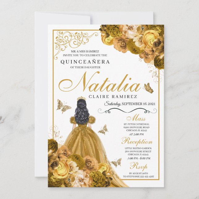Convite de Aniversário para Quinceanera Dourada Fl (Frente)