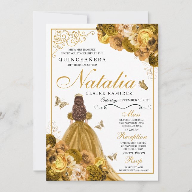 Convite de Aniversário para Quinceanera Dourada Fl (Frente)