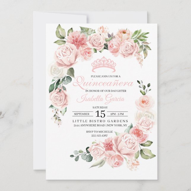 Convite de Aniversário para Quinceanera Floral Ros (Frente)
