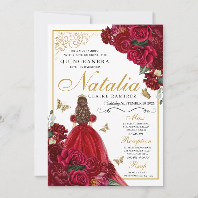 Convite de Aniversário para Quinceanera Floral Ver (Frente)