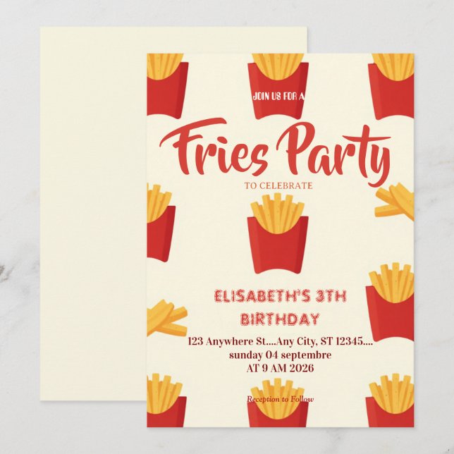 Convite de Aniversário para Restaurante de Fritas (Frente/Verso)