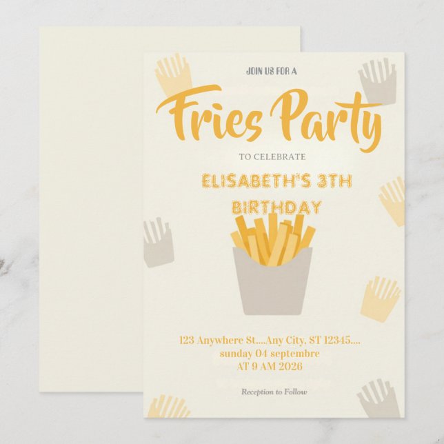 Convite de Aniversário para Restaurante de Fritas (Frente/Verso)