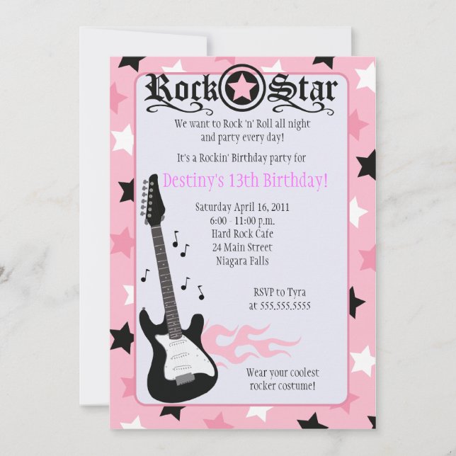 Convite de aniversário para Rocker Rosa 5x7, ROCK  (Frente)