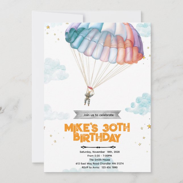Convite de aniversário para salto de paraquedas (Frente)