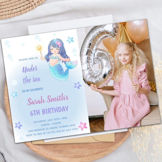 Convite de Aniversário para Sereia com Foto (Mermaid Birthday Invitations with photo)