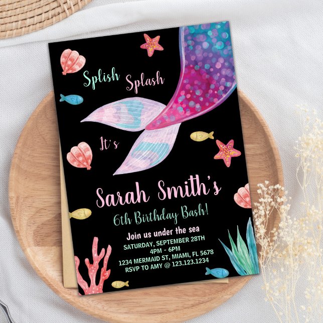 Convite de Aniversário para Sobrevivência Roxa Pre (Black Dark Purple Mermaid Tail Birthday Invitation)
