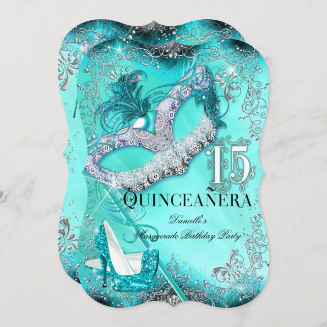 Convite de aniversário para Teal Silver Mascarada  (Frente/Verso)