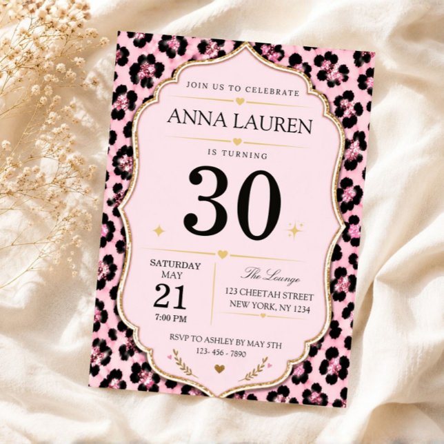 Convite de Aniversário para Todas as Idades com Es (30th birthday invitation, pink leopard invite, animal print birthday, chic birthday invite, blush pi)