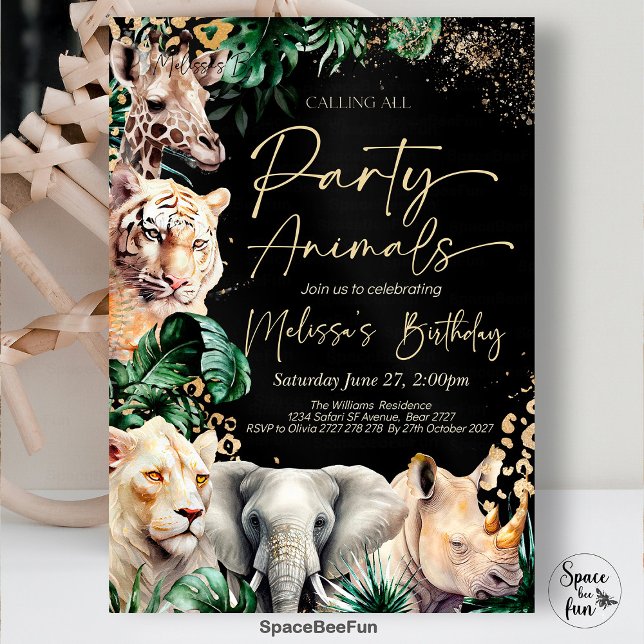Convite de Aniversário para Todos os Animais da Fe (Calling All,Party Animal,Birthday Invitation,Leopard Print, Jungle,white gold,Theme Safari,gold Safa)