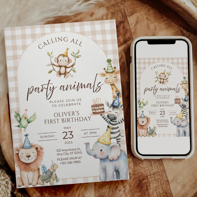 Convite de Aniversário para Todos os Animais de Fe (Wild One first birthday parties
Safari birthday celebrations
Jungle animal themed birthdays
Baby boy)