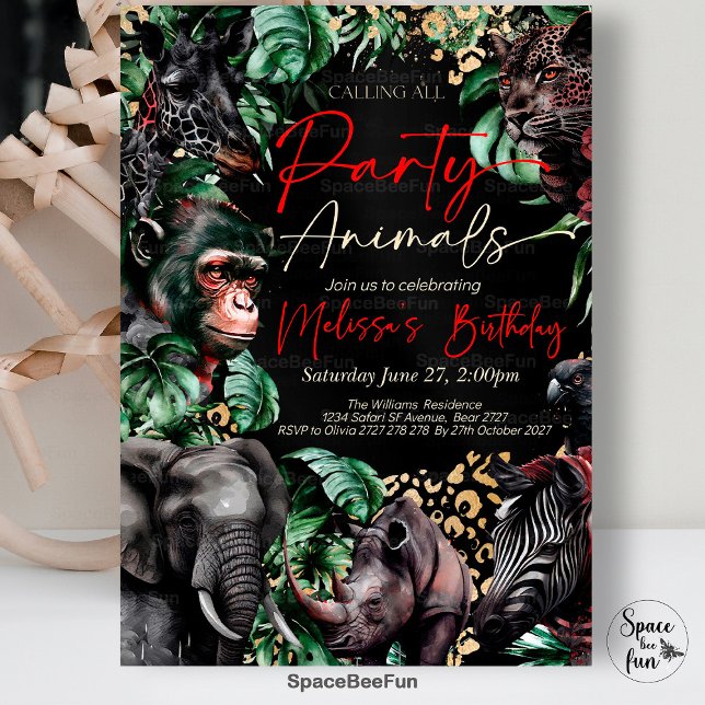 Convite de Aniversário para Todos os Animais de Fe (Calling All,Party Animal,Birthday Invitation,Leopard Print,Black Jungle,Theme Safari,Gothic Safari,P)