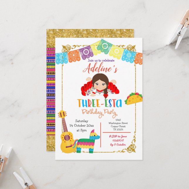 Convite de aniversário para três meninas mexicanas (Frente/Verso In Situ)