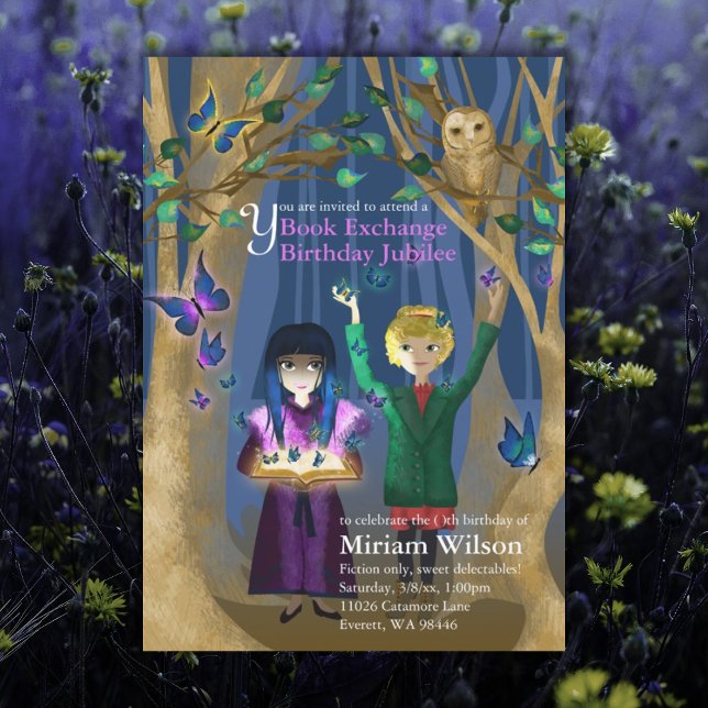 Convite de aniversário para troca de livros de cor (purple blue book exchange book swap birthday party unique birthday invitation for girl)