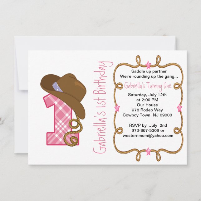 Convite De Aniversário Para Uma Rapariga Do Oeste (Frente)