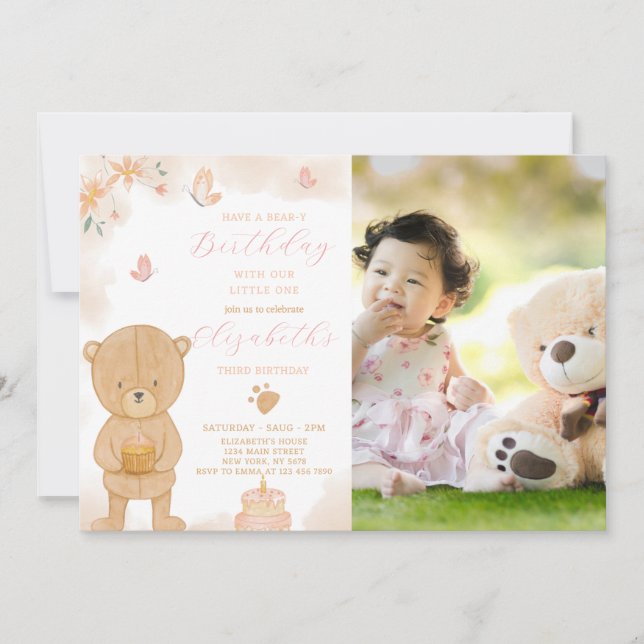 Convite de aniversário para Ursinho de Bolo com fo (Frente)