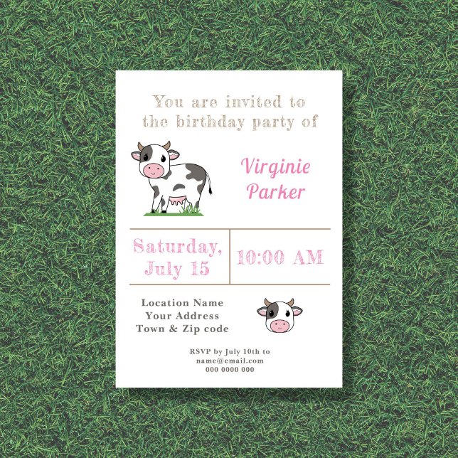 Convite de aniversário para vaca em linhagem (Cute Cow Birthday Invitation )