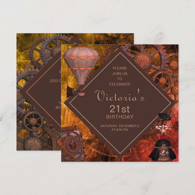 Convite de Aniversário para Vintage Industrial (Frente/Verso)