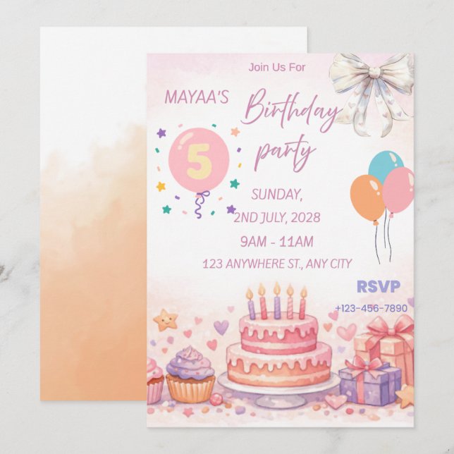 Convite de Aniversário Pastel – Bolo e Balão Lindo (Frente/Verso)