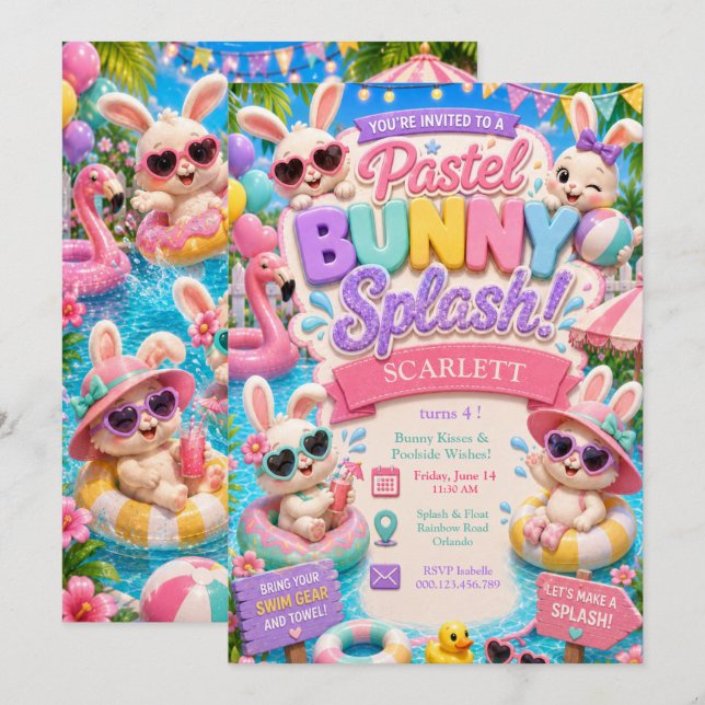 Convite de Aniversário Pastel Bunny Splash - Festa (Frente/Verso)