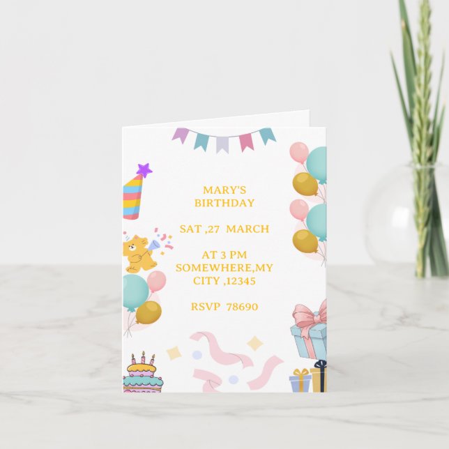 Convite de Aniversário Pastel Fofo para Crianças (Frente)
