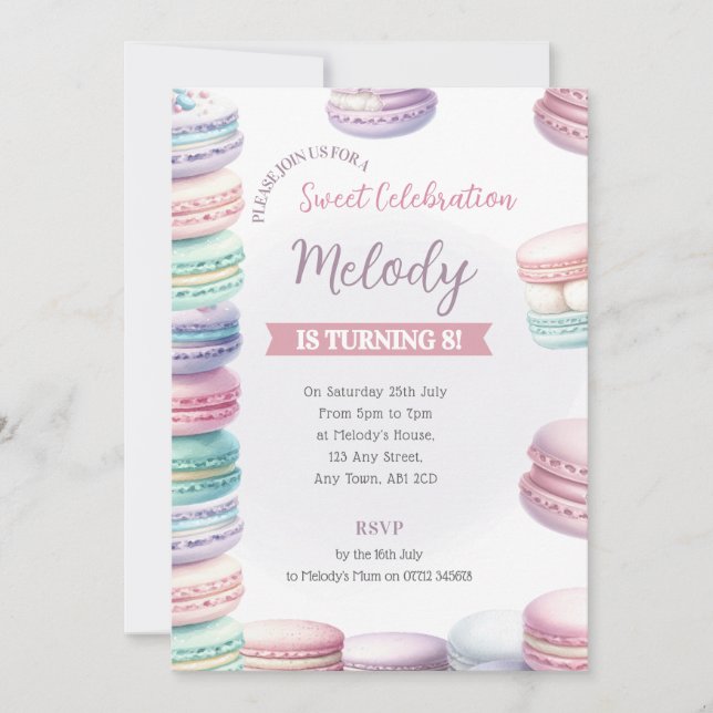 Convite de Aniversário Pastel Macaron Pilha de Doç (Frente)