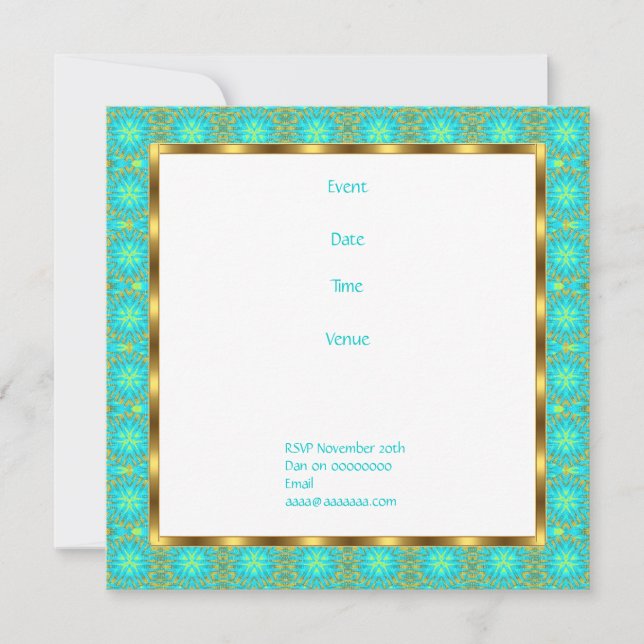 Convite de Aniversário Patchwork Aqua e Dourado (Frente)