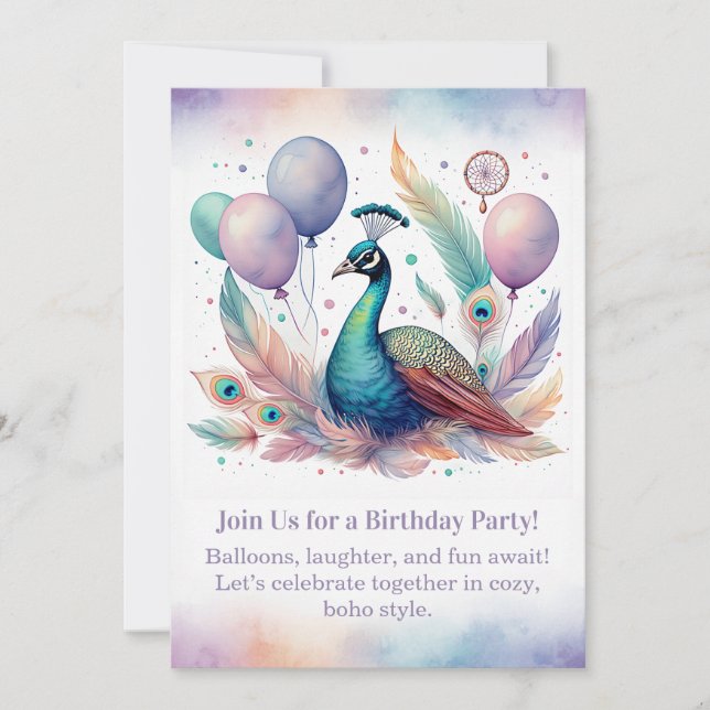 Convite de Aniversário Pavão Elegante Boho  (Frente)