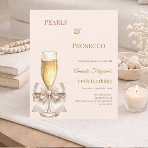 Convite de aniversário Pearls Prosecco laço marfim