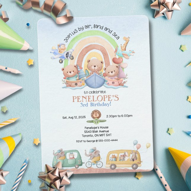 Convite de Aniversário Pelo Ar, Terra e Mar (Calling everyone, whether by land, air or sea – perfect invite for kids' birthdays!"






)