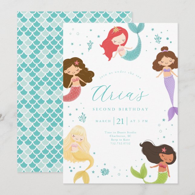Convite de Aniversário Pequena Sereia Arco-Íris (Frente/Verso)