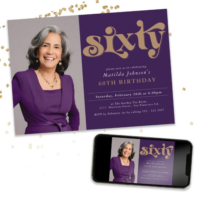 Convite de aniversário Personalizado 60º Foto (Custom Photo 60th Birthday Party Invitation)