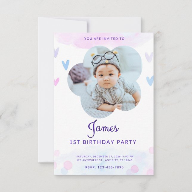Convite de Aniversário Personalizado com Corações  (Frente)