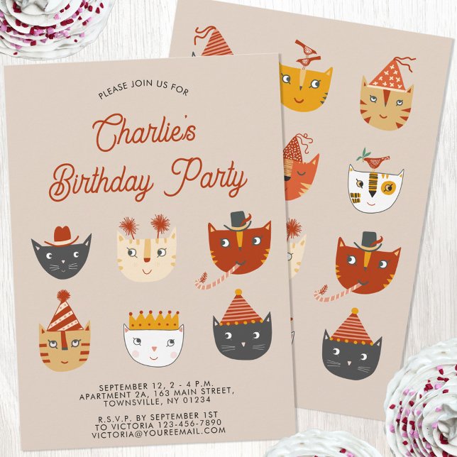 Convite de aniversário Personalizado de Cat Divert (Fun kitty cat personalized birthday party invitation for animal lovers)
