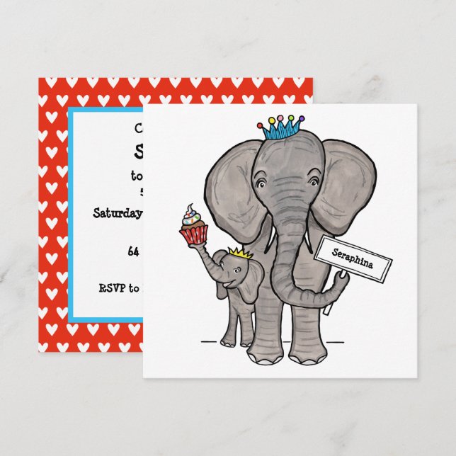 Convite de Aniversário Personalizado de Elefante e (Frente/Verso)
